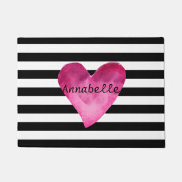 黒+白のハートピンクの水色の名 ドアマット