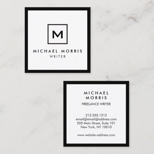 黒/白のボックスのロゴモノグラム スクエア名刺 (正面/裏面)