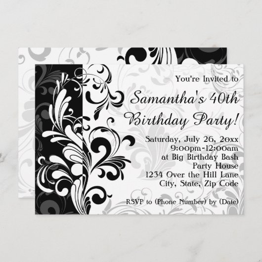 黒/白の噴水の渦巻き誕生日パーティー 招待状 (正面/裏面)