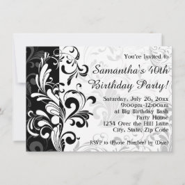 黒/白の噴水の渦巻き誕生日パーティー 招待状
