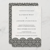 黒+白の様式化された波のエレガントビーチ結婚式 招待状 (正面/裏面)