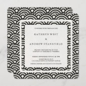 黒+白の様式化された波のモダンビーチ結婚式 招待状 (正面/裏面)