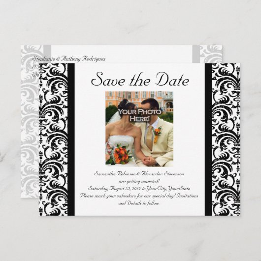 黒/白の結婚式の日付の写真はがきを保存 案内ポストカード (正面/裏面)