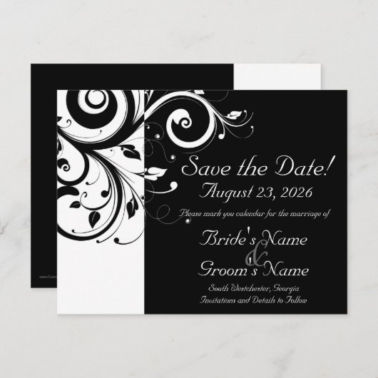 黒+白の逆スワール結婚式の日付を保存 セーブザデート (正面/裏面)