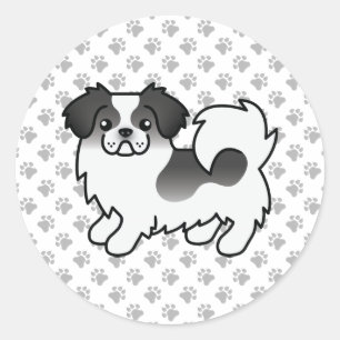 黒+白カラーのチベット・スパニエル かわいい カートゥーン 犬 ラウンドシール