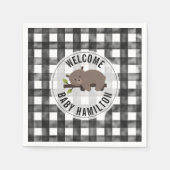 黒+白ジンガム眠いクマ赤ちゃんシャワー スタンダードカクテルナプキン (正面)