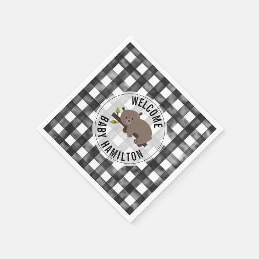 黒+白ジンガム眠いクマ赤ちゃんシャワー スタンダードカクテルナプキン (角)