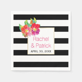 黒、白ストライプ色、水色の花結婚の スタンダードカクテルナプキン