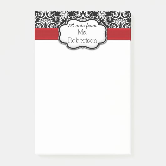 黒/白ダマスクレッドリボン先生/女性 ポストイット (正面)