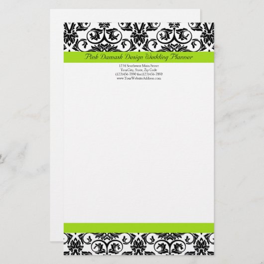 黒/白ダマスク付き/チャートルーズグリーンアクセントストリップ 便箋 (正面/裏面)