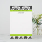 黒/白ダマスク付き/チャートルーズグリーンアクセントストリップ 便箋 (スタンド正面)