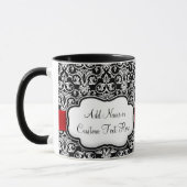 黒/白ダマスク赤リボン マグカップ (左)