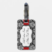 黒/白ダマスク赤リボン ラゲッジタグ (裏面縦)