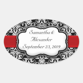 黒/白ダマスク赤リボン 楕円形シール