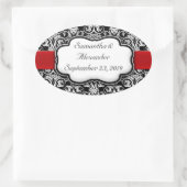 黒/白ダマスク赤リボン 楕円形シール (バッグ)