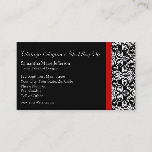 黒/白ダマスク(赤アクセント付きファッションビジネス) 名刺 (正面)