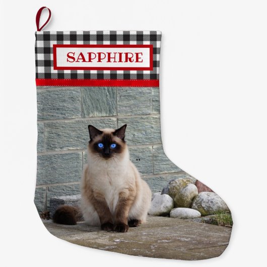 黒/白バッファロープレイド – ペットフォトパーソナライズされた- ラージクリスマスストッキング (正面)