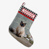 黒/白バッファロープレイド – ペットフォトパーソナライズされた- ラージクリスマスストッキング (正面 (吊り時))