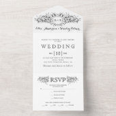 黒、白ヴィンテージ紋章結婚の オールインワン招待状 (内側)