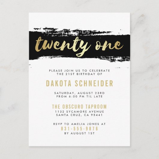 黒、白及び金ゴールド20の最初誕生会 インビテーションポストカード (正面)