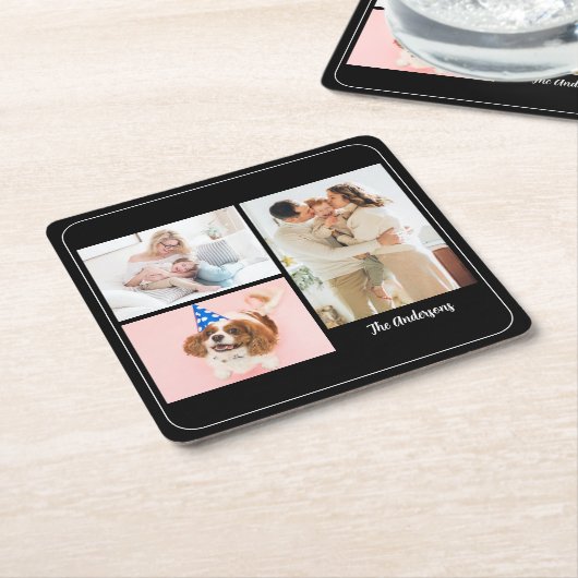 黒、白枠の家族写真3枚と名前 スクエアペーパーコースター (アングル)