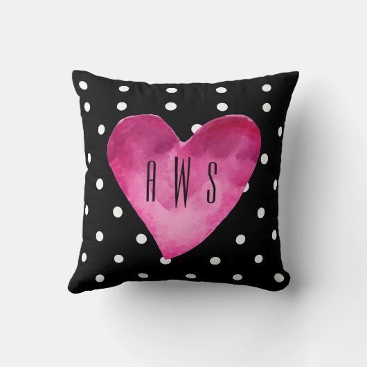 黒+白水玉模様水彩ハートMonogram クッション (裏面)