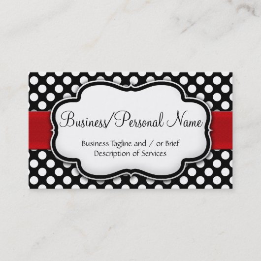 黒/白水玉模様赤リボン表/裏 名刺 (正面)