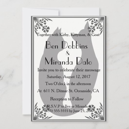 黒、白結婚、灰色の2匹の猫 招待状 (正面)
