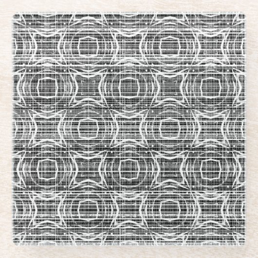 黒、白、およびグレーのチェック円パターン ガラスコースター (正面)