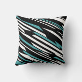 黒、白、およびティール(緑がかった色)の線形抽象芸術パターン クッション (裏面)