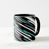 黒、白、およびティール（緑がかった色）の線形抽象芸術パターン マグカップ (正面右)