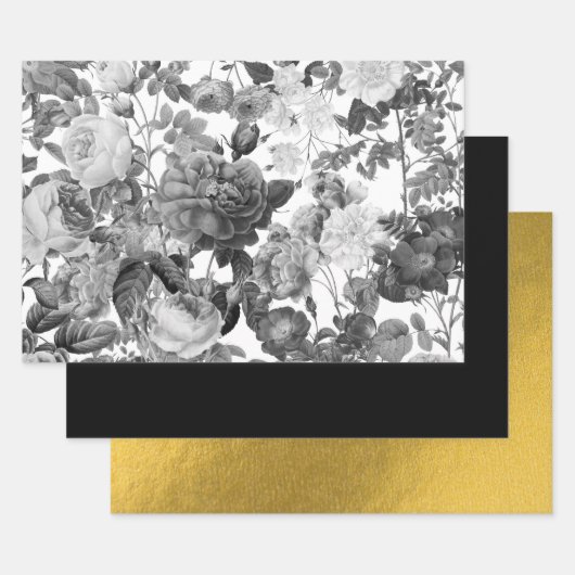 黒、白、および金ゴールドヴィンテージフローラ ラッピングペーパーシート (セット)