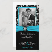 黒、白、アクアスノーフレーク結婚のフォトカード サンキューカード (正面/裏面)