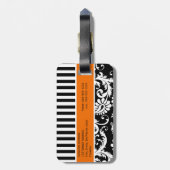 黒、白、オレンジ色のダマスクストライプのラゲッジタグ ラゲッジタグ (裏面縦)