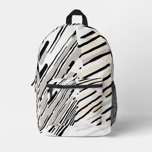 黒、白、グレーの各ストライプ線の幾何学的パターン プリントバックパック (正面)