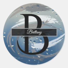 黒、白、グレーの筆致モノグラムステッカー ラウンドシール