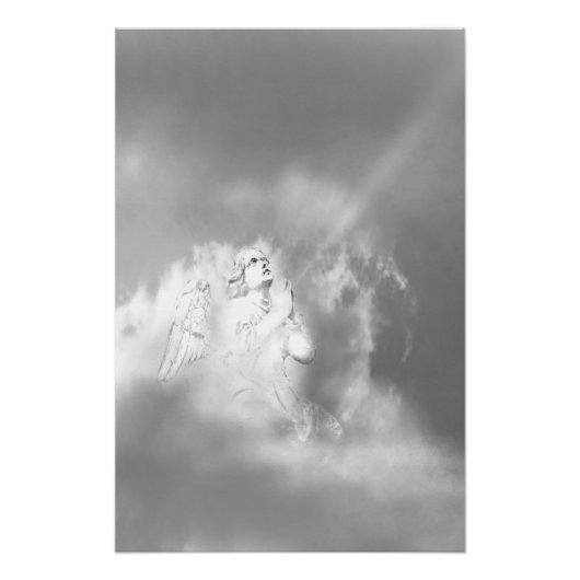 黒 白 グレー 雲の中の天使の祈り ポスター (正面)