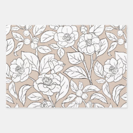 黒、白、タンの花コラージュ ラッピングペーパーシート