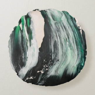 黒、白、ティール（緑がかった色）抽象芸術絵画 ラウンドクッション