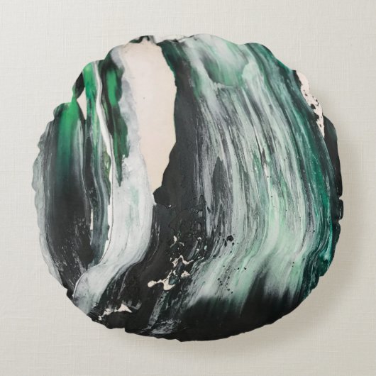 黒、白、ティール（緑がかった色）抽象芸術絵画 ラウンドクッション (正面)