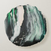 黒、白、ティール（緑がかった色）抽象芸術絵画 ラウンドクッション (裏面)