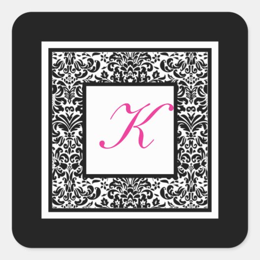 黒、白、ピンクのダマスクモノグラムシール スクエアシール (正面)