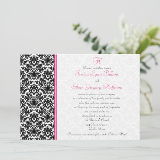 黒、白、ピンクのダマスク結婚式招待状 招待状 (スタンド正面)