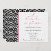 黒、白、ピンクのダマスク結婚式招待状 招待状 (正面/裏面)