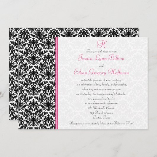 黒、白、ピンクのダマスク結婚式招待状 招待状 (正面/裏面)