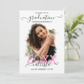 黒 白 ピンクのハロ フォト コラージュ 卒業式 招待状 (スタンド正面)