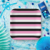 黒、白、ピンクの各ストライプ色 ペーパープレート (パーティー)