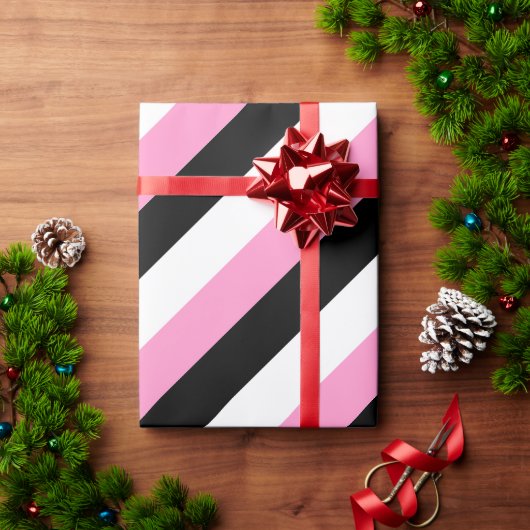 黒、白、ピンクの各ストライプ色 ラッピングペーパー (クリスマスギフト)