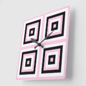 黒、白、ピンクの四角 スクエア壁時計 (傾斜)