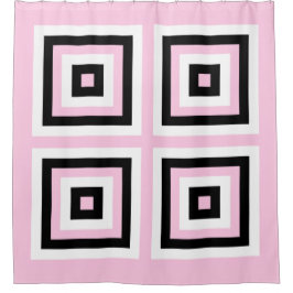 黒、白、ピンクの正方形 シャワーカーテン